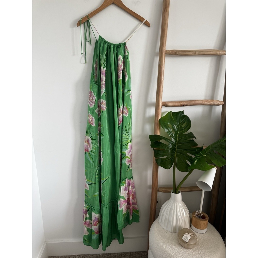 Farm Rio Dress Green Floral Vibing Maxi One Shoulder Silky Viscose fabric XL - Picture 5 of 10